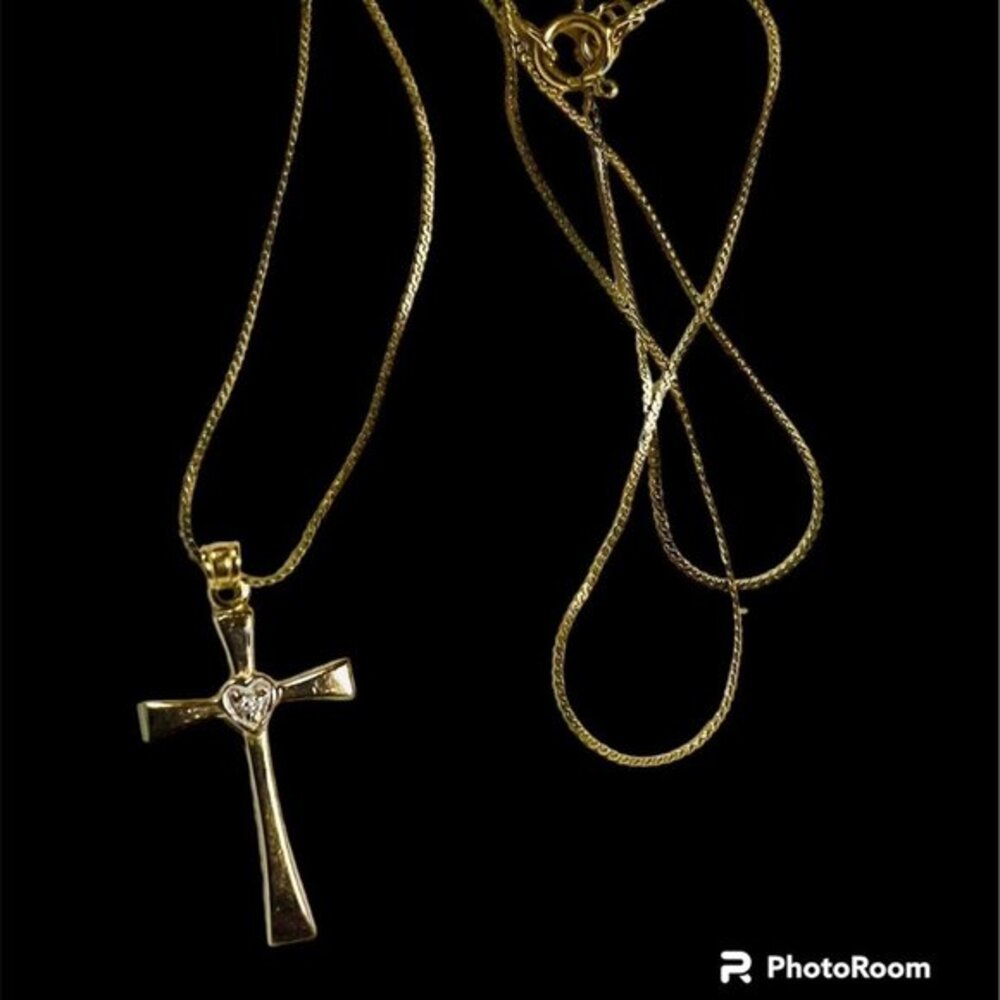 14k Gold-Filled Delicate vintage Cross and etched Heart hung on 16 inch Chain